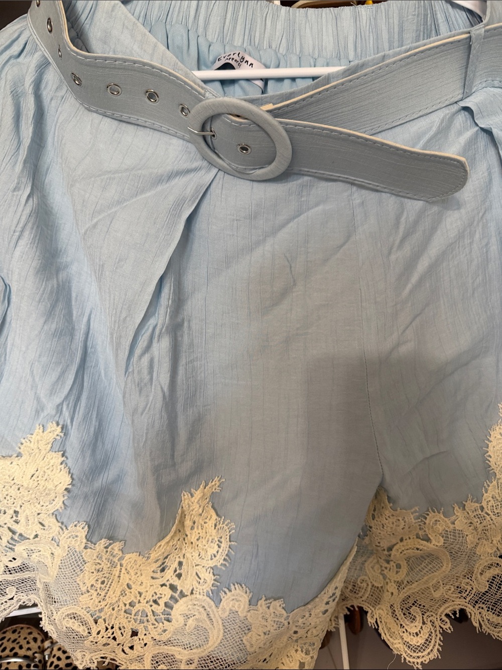 verty Light Blue Button-Front Top with Cream Lace Hem and Belt